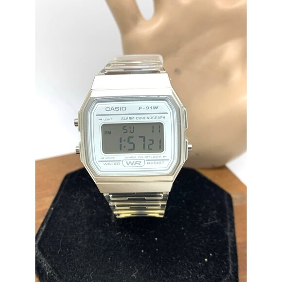 Casio Watch F91W Quartz Digital Silver Clear Resin Sport 33mm Stopwatch Alarm - Picture 14 of 15